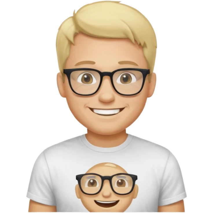 portrait of adult man no old man, wearing a t-shirt, square glasses, grinning face, blond hair emoji
