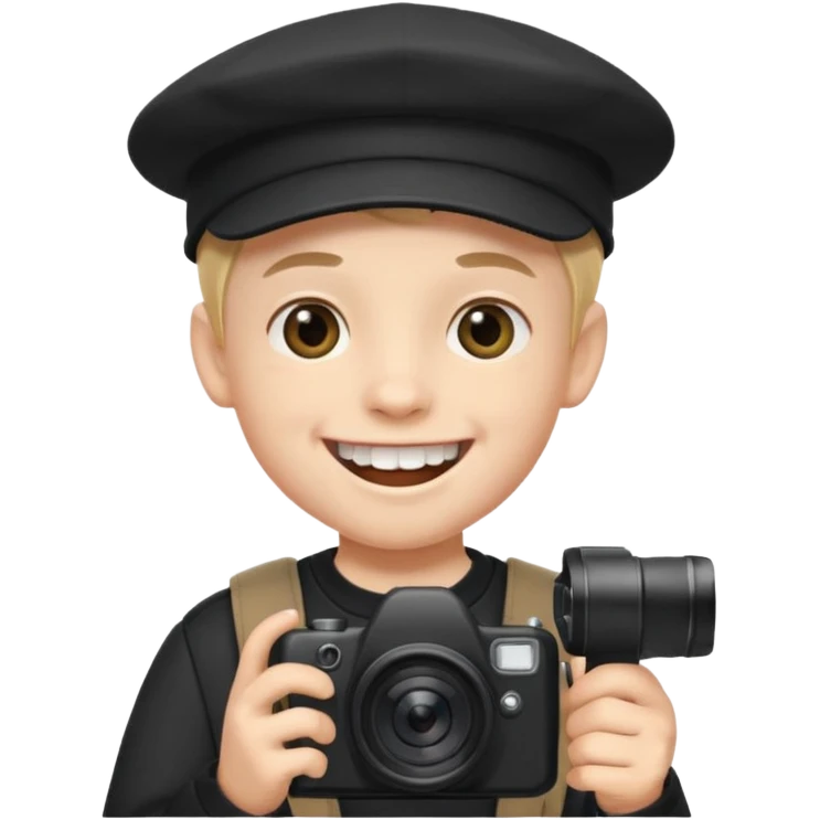 smiling schoolboy with large front teeth wearing a black cap holding a camera emoji