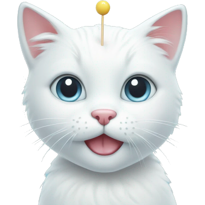 Face of a cute white cat holding two star shaped lollipops on a pastel blue background emoji