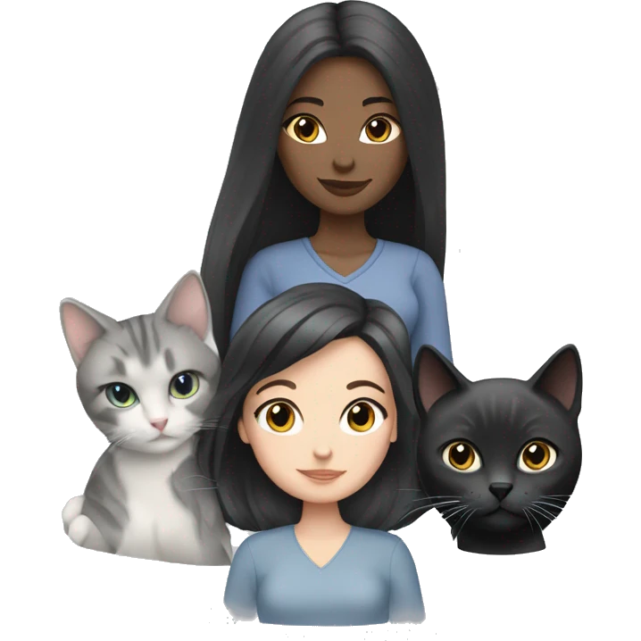 White girl black hair long with two cats, one Russian blue and one gray emoji