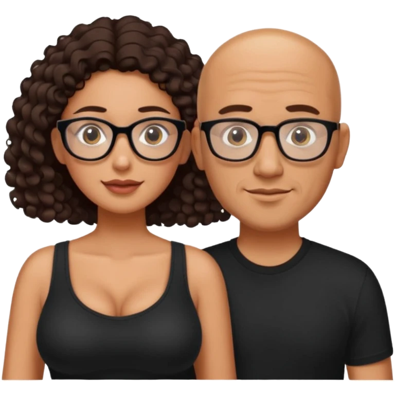 A picture of a tanned couple. the man is a Mexican man with tanned skin, with a bald hair cut, short beard and wearing a black shirt. the woman is wearing rectangle shaped glasses, with long curly dark brown hair and with big boobs  emoji