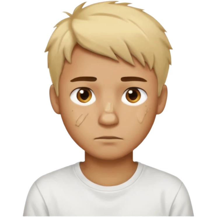 Male with short, messy blonde hair, large expressive golden-brown eyes, brown skin color, scar over nose, wearing a plain white t-shirt. emoji