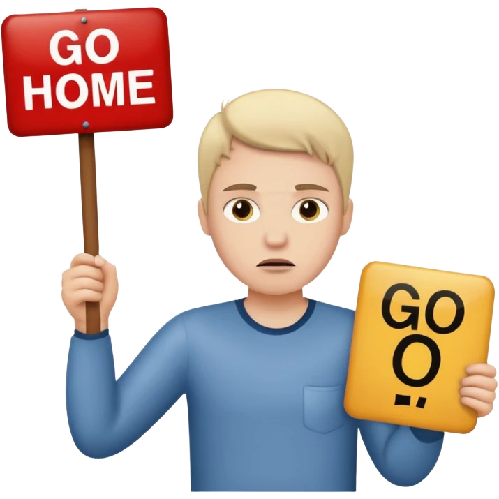 A white person holding a sign that says go home emoji