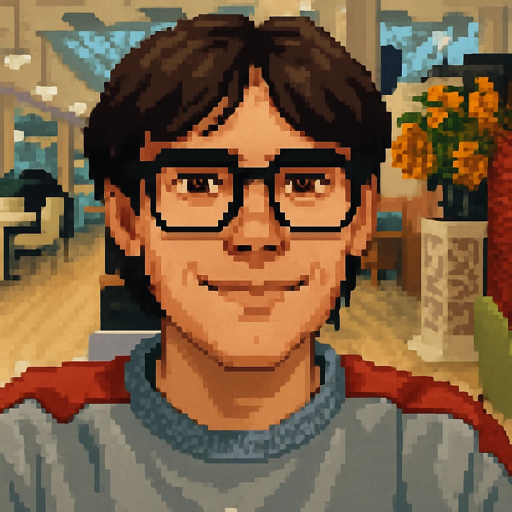 Dark-haired guy with hair to his earlobes, square black glasses, brown eyes, pixel art style emoji