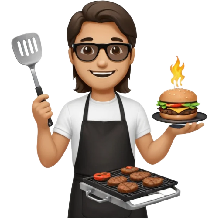 long hair man grilling wearing shade smiling in a white tshirt and a black apron grilling burger and meat on a sizzling grill emoji