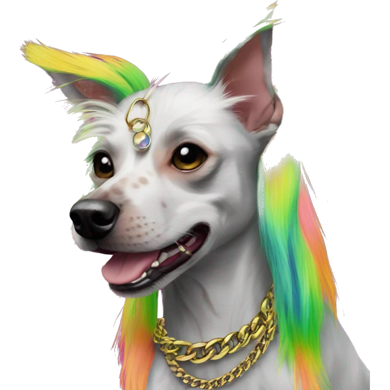 Punk Chinese crested dog neon rainbow hair gold chain punk piercings tattoos punk ear piercings emoji