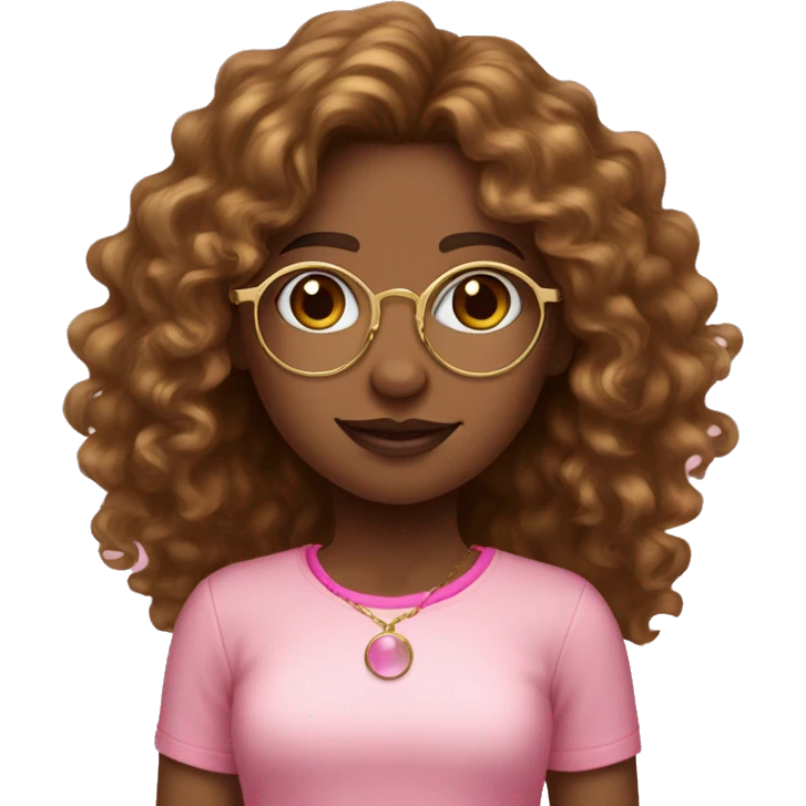 girl with long brown curly hair brown skin gold circular glasses pink shirt jewelry emoji