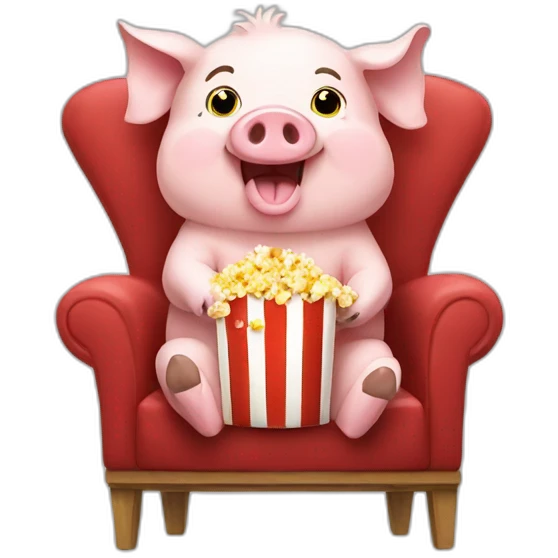 Happy pig sitting on a chair eating popcorn emoji