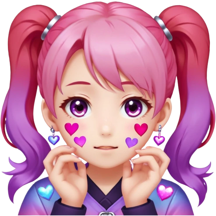 Face: Rosy terracotta skin (#E3B68E), star-pupiled eyes sparkling with 6-point white glints. Hair: Twin ponytails dyed gradient pink→purple, holographic hair charms shaped like hearts. Extra: Speech bubble exploding with "KYAAAA!" in red katakana, hands squeezing cheeks. emoji