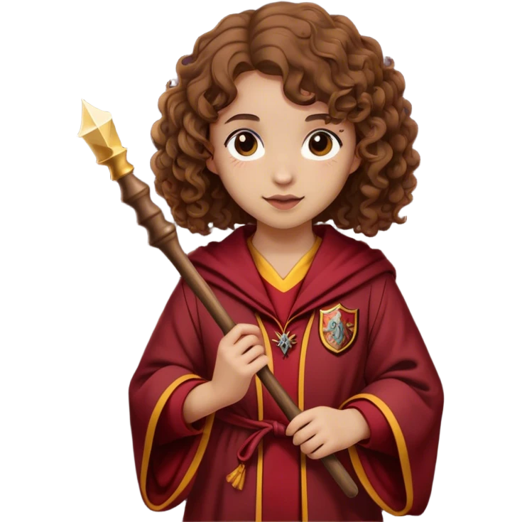 Girl with curly Brown hair and a gryffindor Robe and a small wooden wand and light Skin emoji