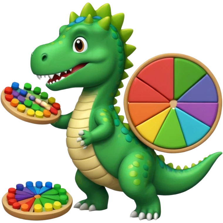 Dancing Dino holding an abacus against a pie chart emoji