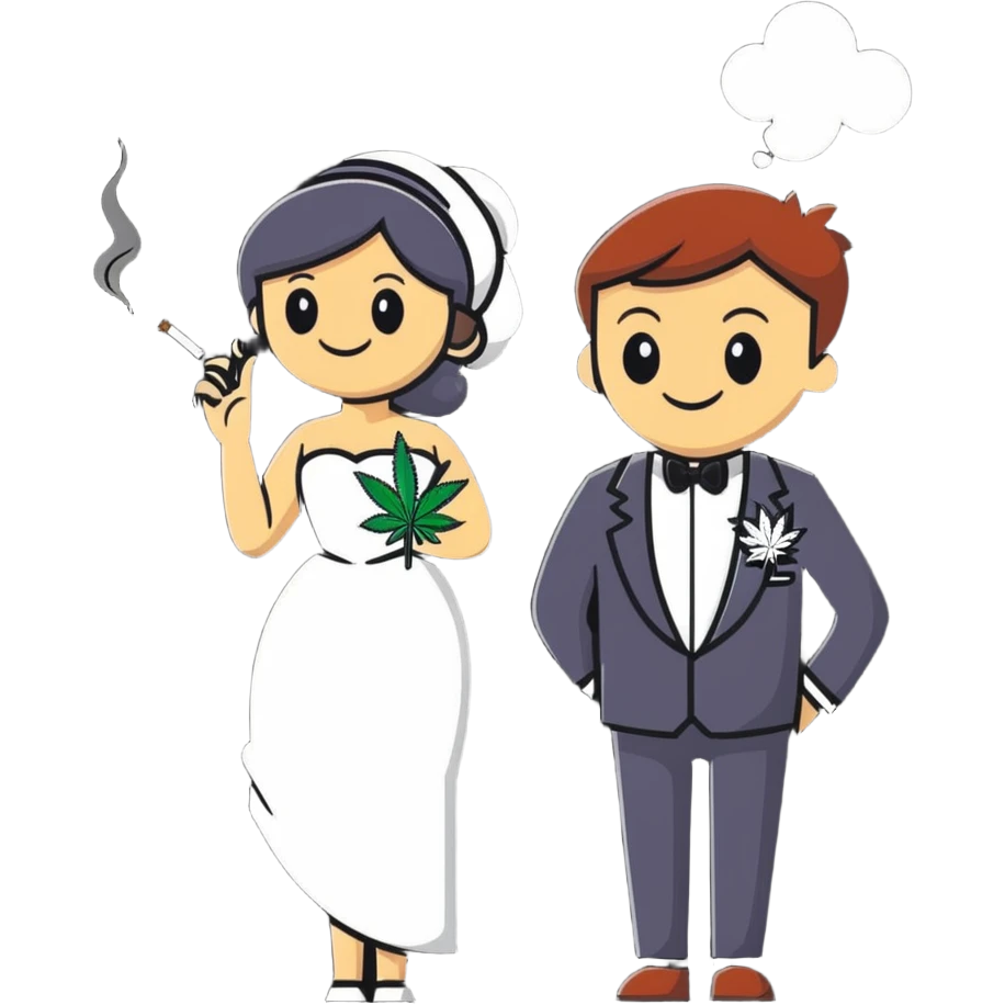 Full body view of person in fancy clothes sneaking into a wedding ceremony with a mischievous grin, uninvited guest, smoking cannabis emoji