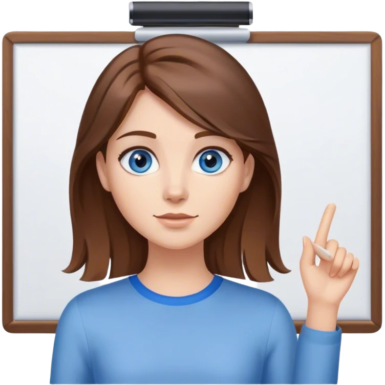 a young woman brown hair and blue eyes, with a clip in her hair and presenting on a white board emoji