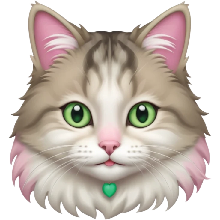 Siberian forest cat grey and white with white around eyes and light green eyes smiling pink nose emoji