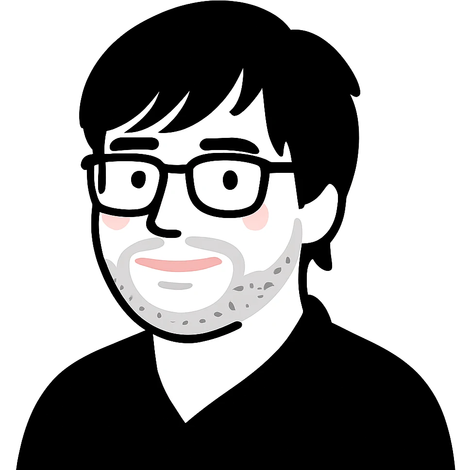 A man with glasses, longer messy hair with bangs that partially cover his forehead, a round face shape, a broader nose, and a short fine beard emoji