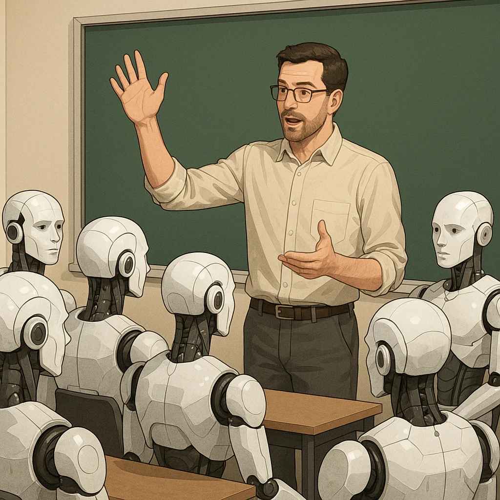 A human teacher standing in front of a classroom of androids, raising a hand to explain a concept emoji