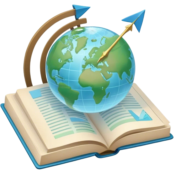 Create an emoji representing language translation. The design should feature an open book or a document with text in multiple languages (e.g., English, Spanish, Chinese), and a translation icon (such as an arrow between two languages) to symbolize the process of converting text. Include elements like a globe or a speech bubble to represent global communication. Use clear, simple lines and a color palette with blues, greens, and subtle neutral tones to convey the idea of clarity and understanding. Make the background transparent. emoji