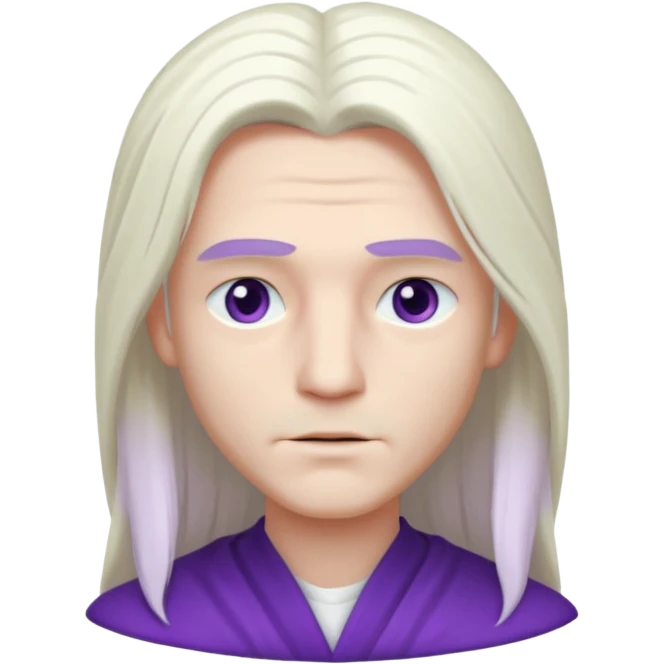 Beyaz uzun ve düz saçları olan,mor göz rengi olan, bembeyaz tenli bir erkek,genç,gözleri hafif çekik ve saçları da teni de bembeyaz olacak,genç olacak,kırışıklığı olmayacak,gözleri çekik ve mor renk olacak,alnında kırışıklık olmayacak,saçı daha beyaz olsun,genç olacak emoji