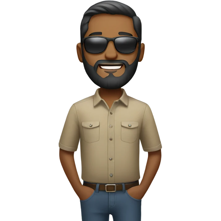 bearded man outdoors in collared-shirt, remove sunglasses. emoji