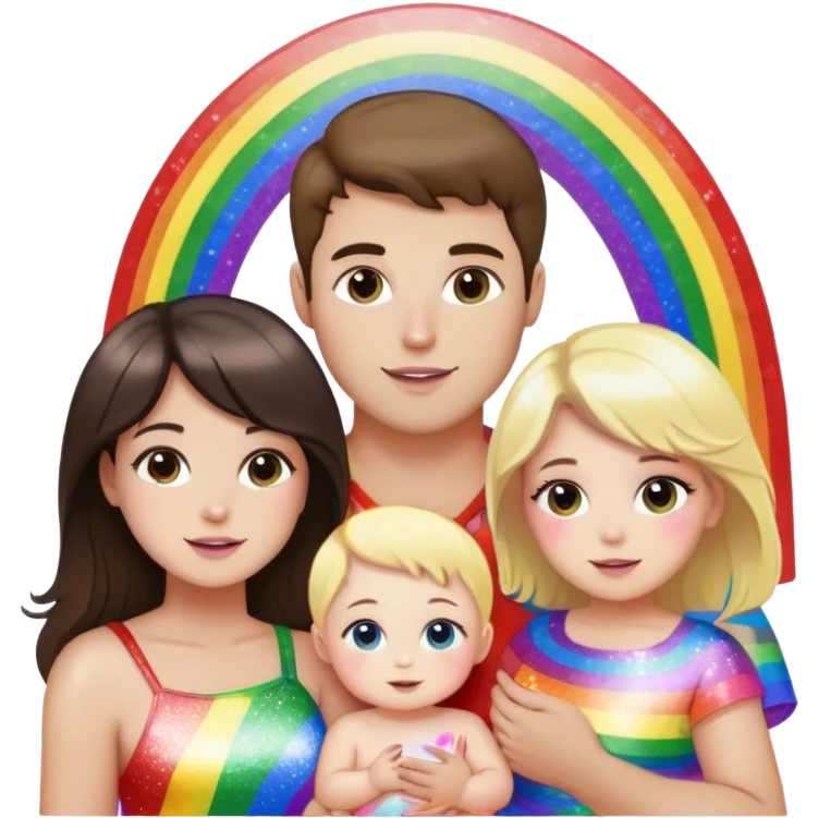 Brunette woman and brunette man with blonde little girl baby all gay all rainbow and glitter and pride emoji