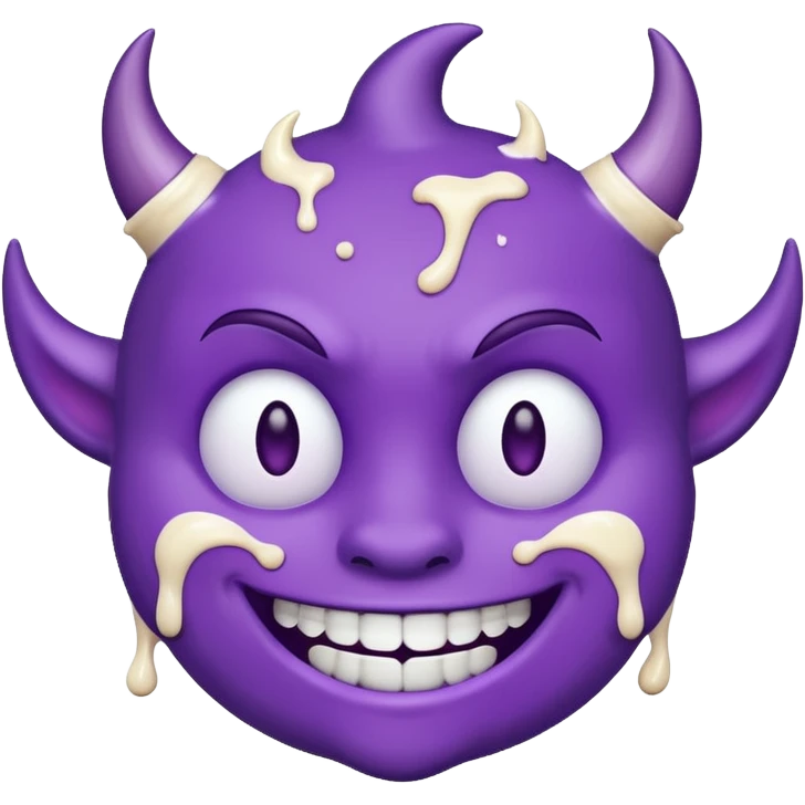 Purple smiling Devilish emoji with white cream splattered all across it’s face emoji