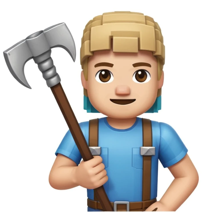 minecraft character, blocky, smiling, holding a pickaxe emoji