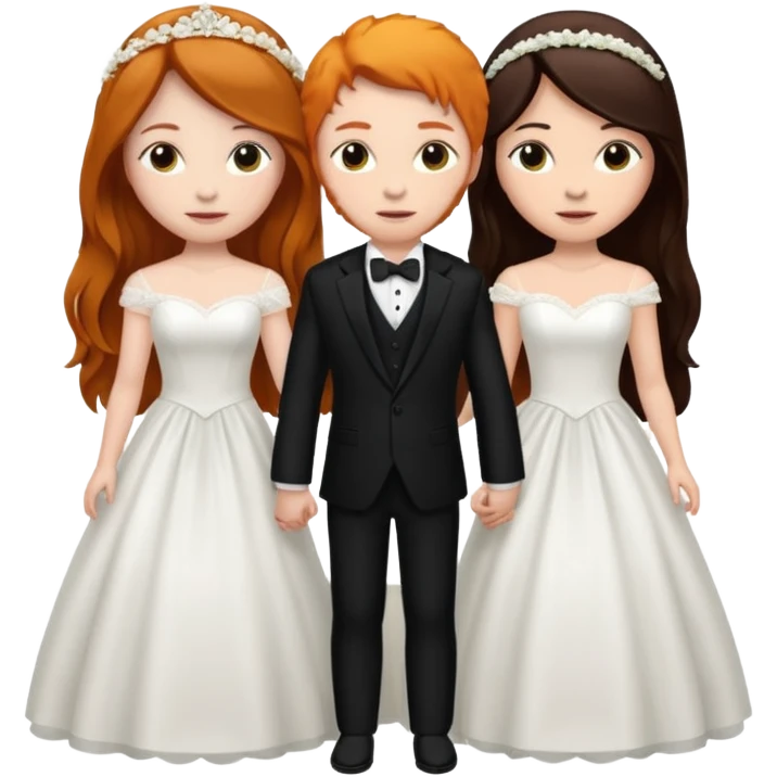 two girls getting married. one ginger with long hair in a BLACK SUIT. one DARK Haired brunette in a WEDDING dress emoji