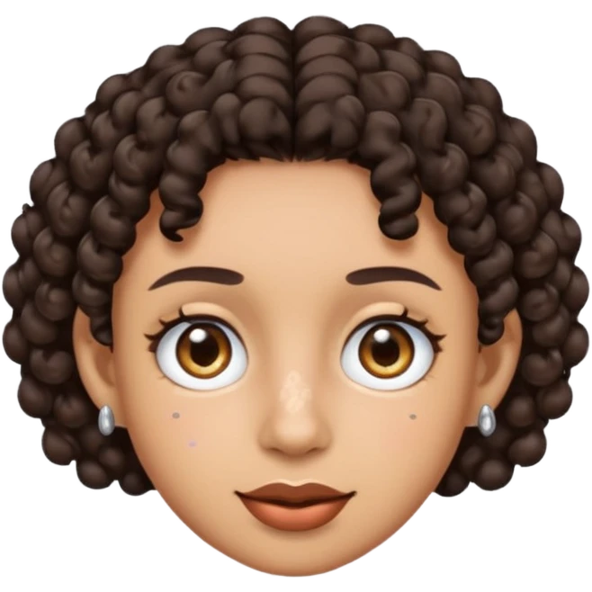 an emoji with a mixed skin color, short dark brown curly hair with 2 silver stud earrings on both ears and 2 slits on each eyebrow emoji