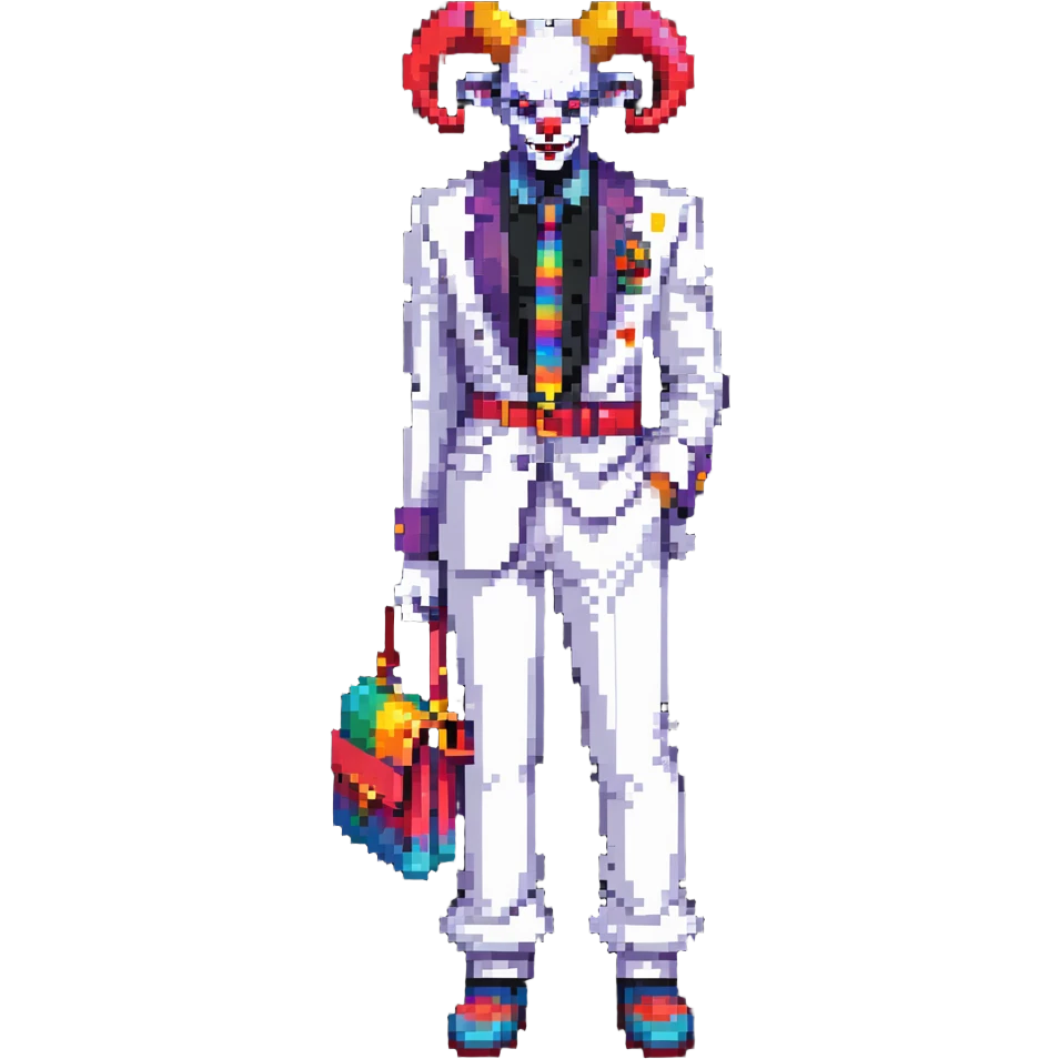 full-body demonic clown in a white leisure suit with bellbottom pants, bald, black ram horns, flashy belt, ruffled shirt, colorful tie, no elevator shoes emoji