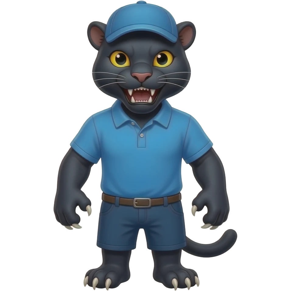 hazme una pantera imponente mostrando garras y comlillos con polo azul y gorra emoji