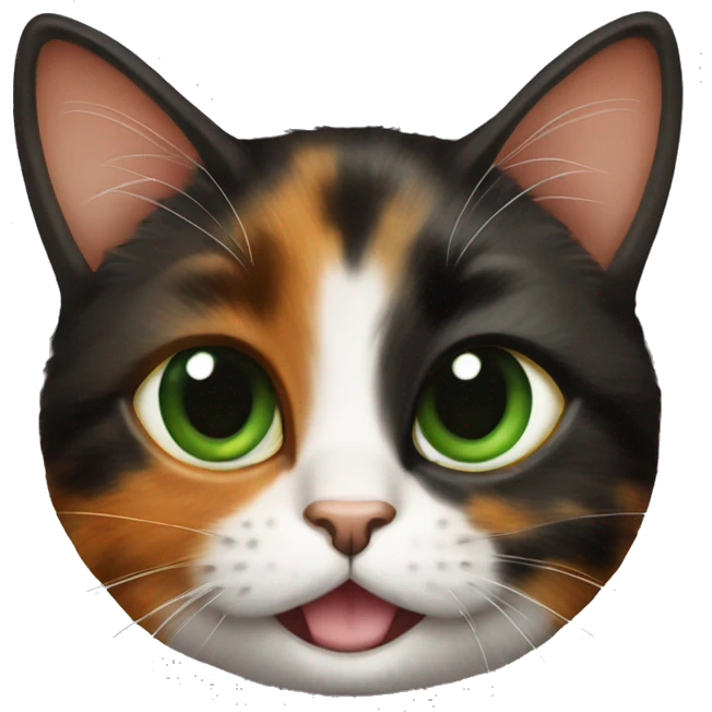 A small tortoiseshell cat with a half black and have orange face and green eyes sitting  emoji