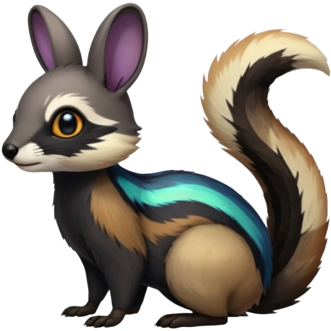 Colorful onyx-obsidian-pitch-black and iridescent Cacomistle-Numbat-Bunny-Ferret-hybrid-fusion-animal-creature, full body  emoji