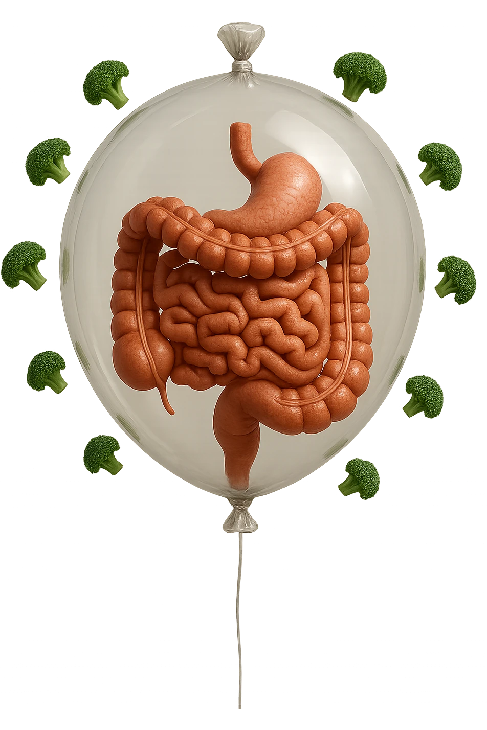 palloncino con intestino umano anatomico all'interno, attorno al quale fluttuano dei broccoletti, iperrealistico 4k emoji