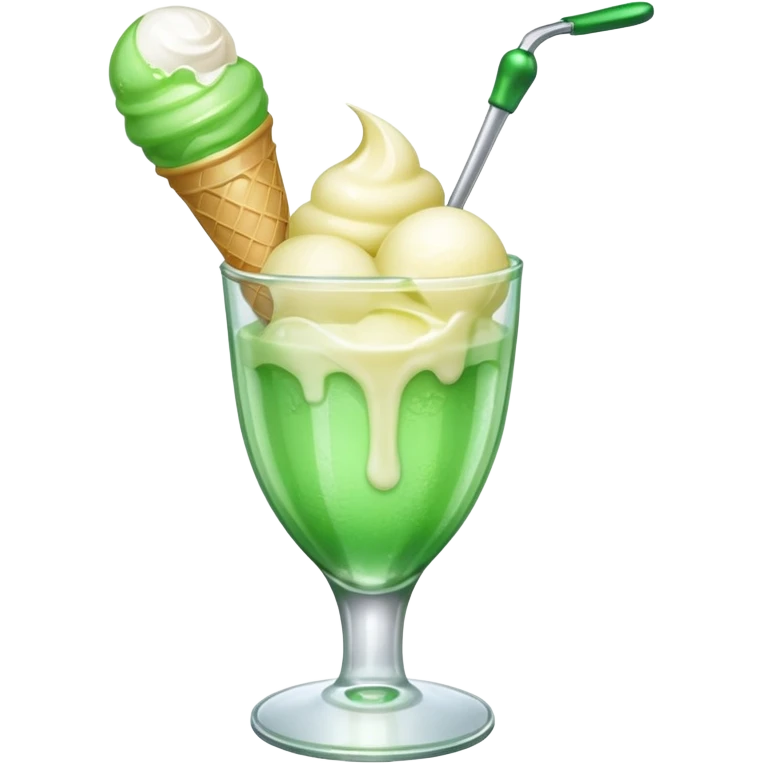 Create an emoji with a clear rounded glass, bright transparent green soda, vanilla ice cream scoop emoji