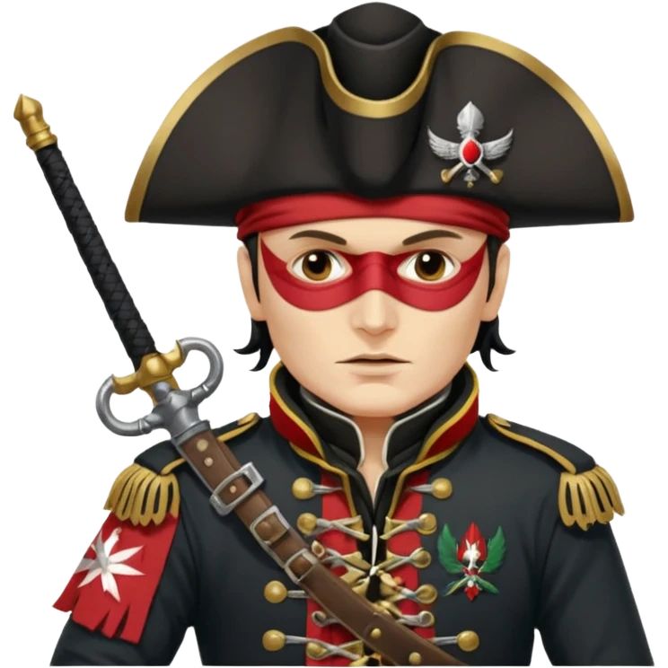 Adam Ant  painted with Indian war colors with black mask is wearing a Hungarian Hussar'S JACKET, holds two firelocks holsters in his hands emoji