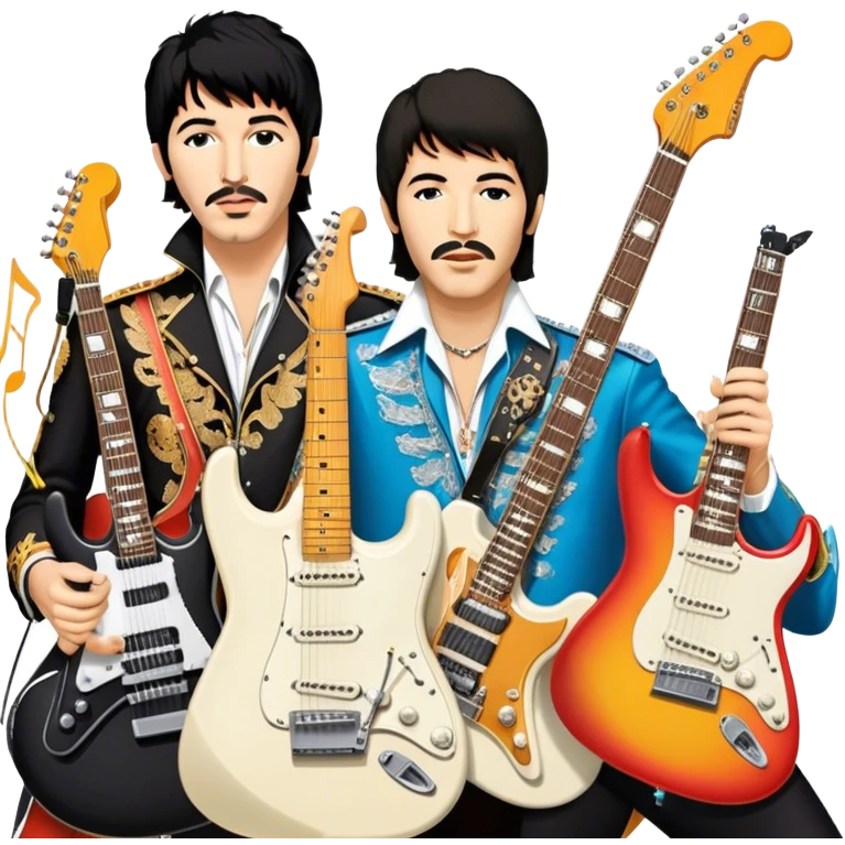 Rock music icon: collage of legendary rock stars—The Beatles, Jimi Hendrix, Elvis Presley, Queen, Nirvana, Led Zeppelin. Electric guitars, amplifiers, and microphones surrounded by vibrant stage lights and musical notes. Transparent background. emoji