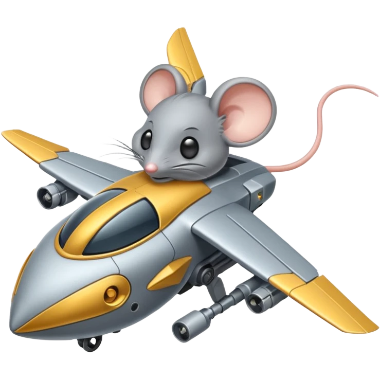 A mouse combined with a military drone, with mechanical wings and a determined expression, flying through the city emoji
