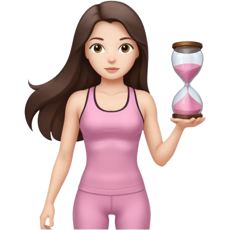 white brunette girl long hair with hazel eyes in light pink workout with hourglass shaped body emoji