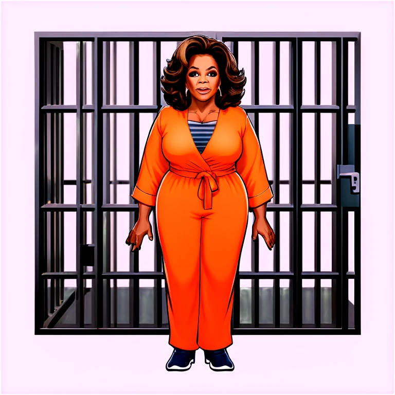 Oprah Winfrey in jail wearing an orange jumpsuit behind bars make her look sad put her in a jail cell with Diddy emoji