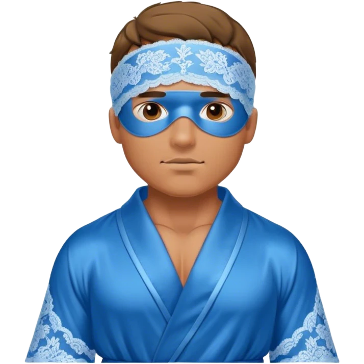muscular man body silk lace blue robe model wearing sleep mask emoji
