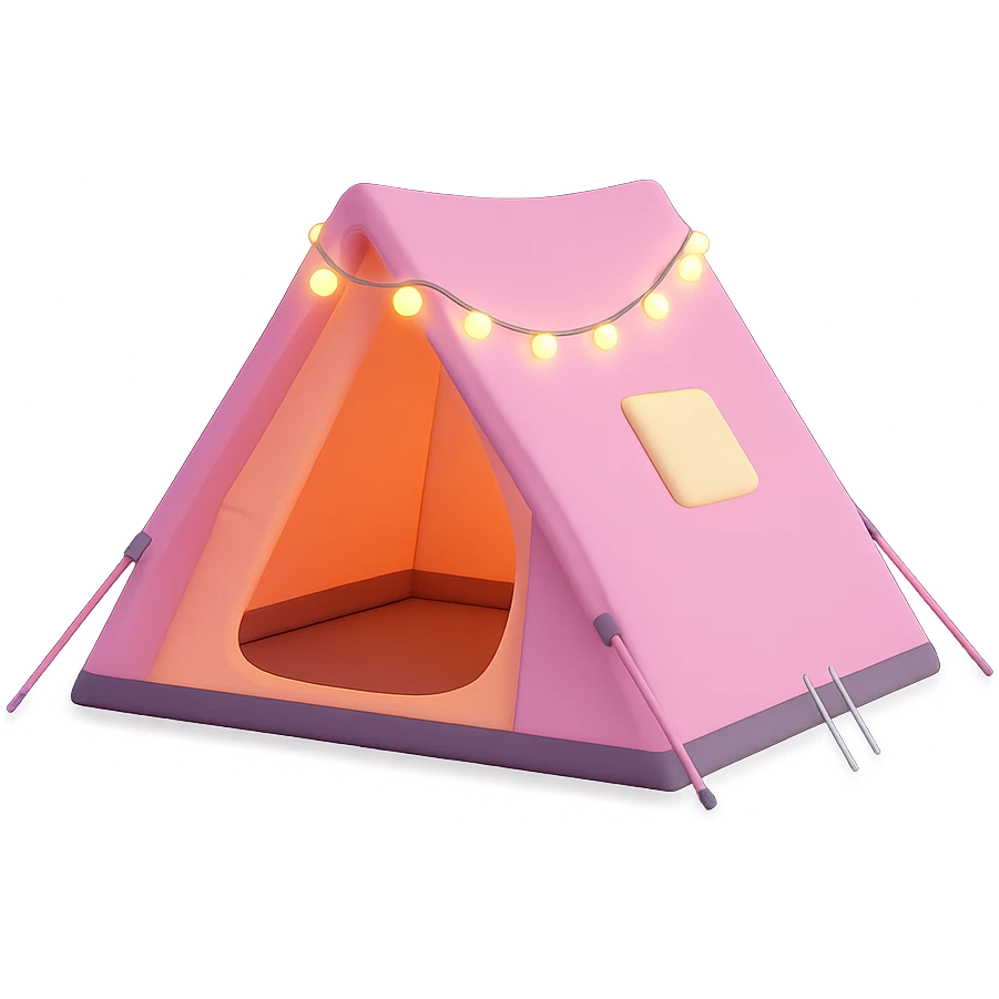 Add fairy lights draped over the tent, maintaining the pastel pink 3D low poly style, minimal and elegant with soft lighting, no background. emoji