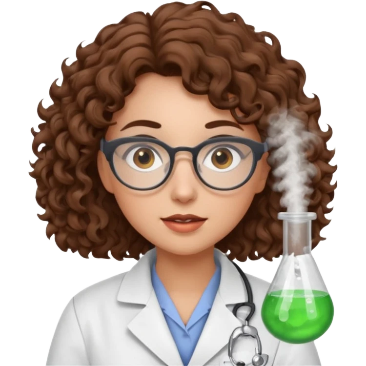 A crazy female scientist, with curly brown hair, brown eyes and grey glasses emoji