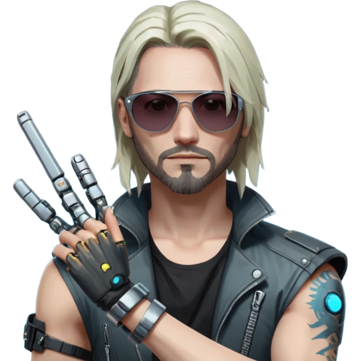 Jony Silverhand from Cyberpunk 2077, city background, detailed, iconic look, sunglasses, cybernetic arm, grunge style emoji