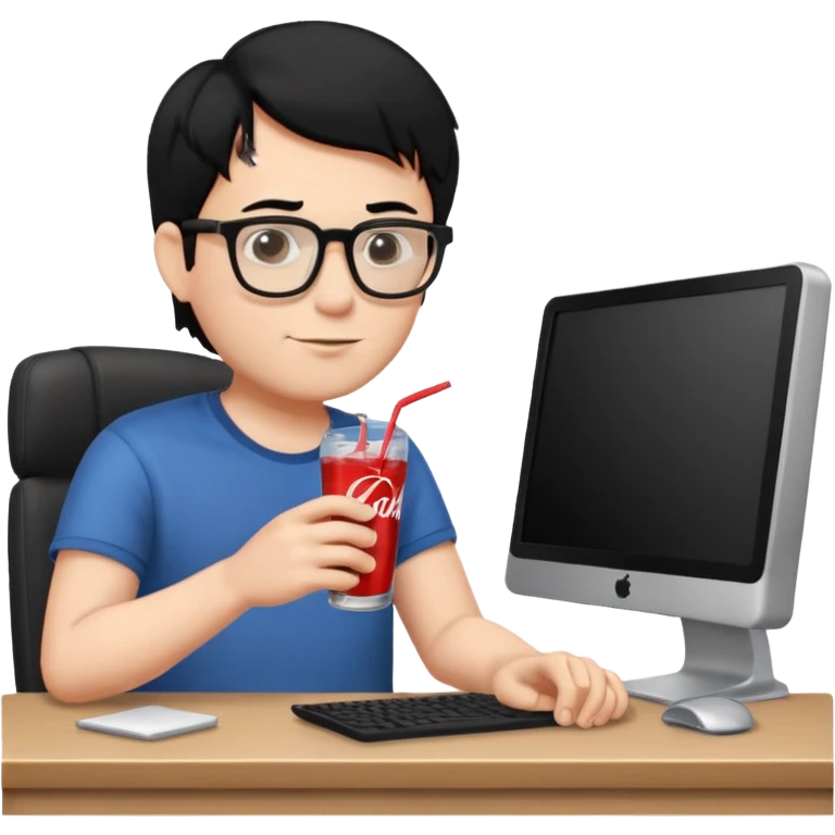 Hombre blanco con gafas, pelo negro tomando un refresco frente a un ordenador con ropa de sport emoji