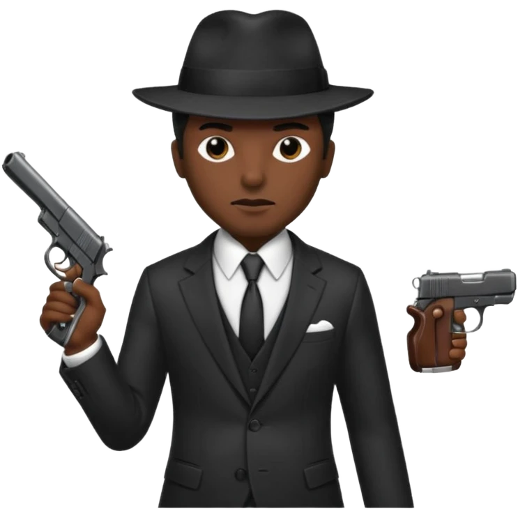 Mafia enforcer, suit and tie, black hat, gun emoji