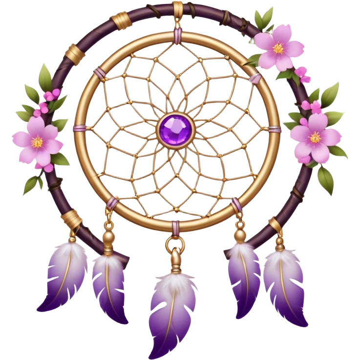 A white Dreamcatcher with purple-round-orb-stones, gold-ring-accents, purple tint flowers, pink sakura flowers, emoji