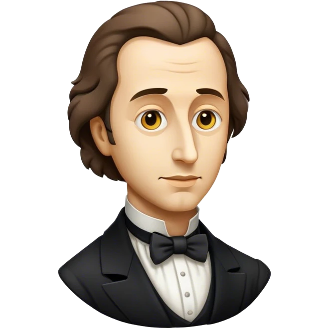 Cinematic Realistic Chopin Pop Culture Emoji, featuring an evocative portrayal of the legendary composer rendered with delicate textures and emotive, dynamic lighting. emoji