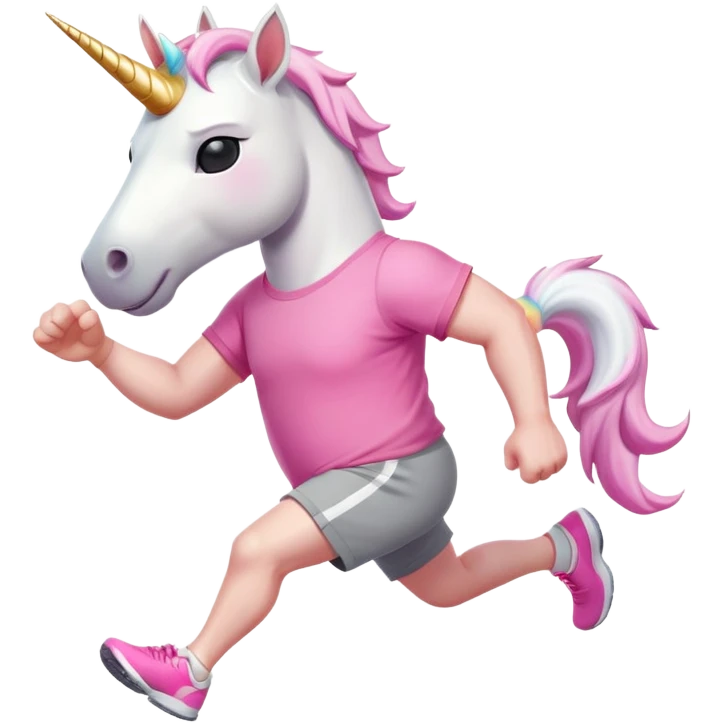 friendly anthropomorphised male white unicorn with a stocky, strong build, white arms and legs, wearing grey shorts and pink t-shirt, dark sunglasses, jogging upright in a relaxed pose emoji