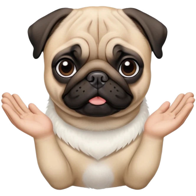 A open hand above a pugs head with white face but black facial features  emoji
