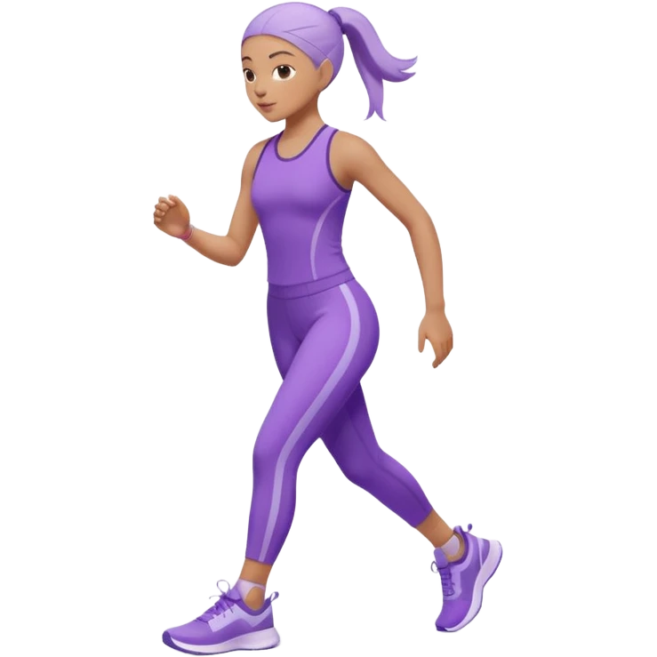Modern premium 3D emoji icon: faceless gender-neutral person walking (mid-step) in sporty activewear, smooth rounded shapes, matte + subtle gloss, top-left studio light, soft shadow, faint motion trail. Purple outfit with lavender accent (no navy). Centered, transparent background, no text emoji